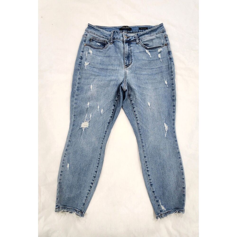 Judy Blue Womens Jeans 14W Relaxed Fit Distressed Cropped Tapered Ankle Denim